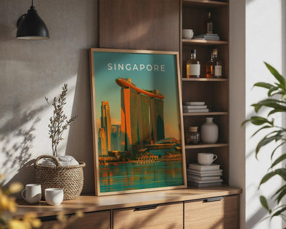 Singapore Print, Marina Bay Sands Poster, Retro City Skyline Wall Art - WanderWall