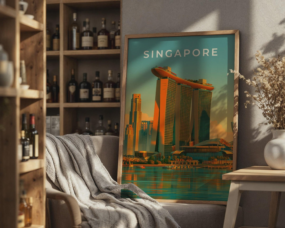 Singapore Print, Marina Bay Sands Poster, Retro City Skyline Wall Art - WanderWall