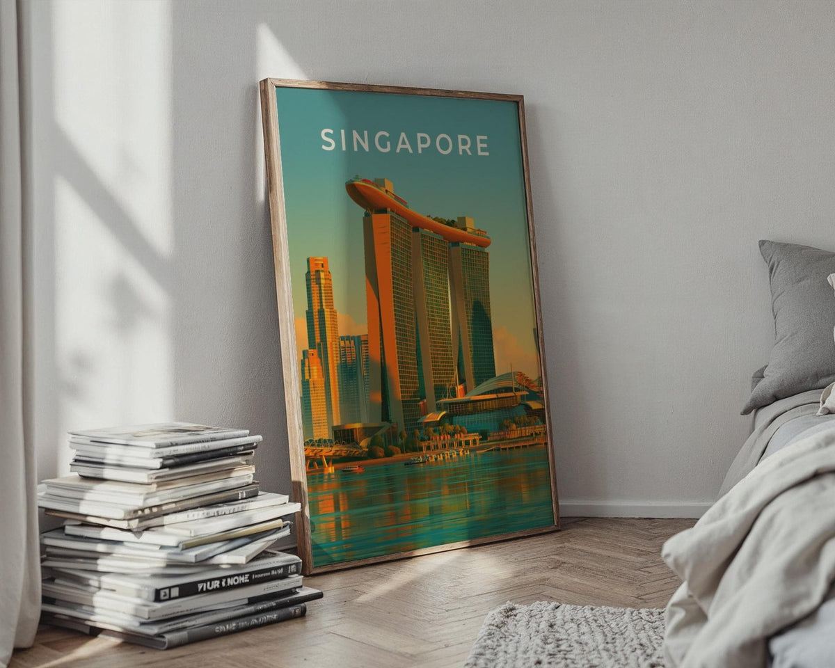 Singapore Print, Marina Bay Sands Poster, Retro City Skyline Wall Art - WanderWall